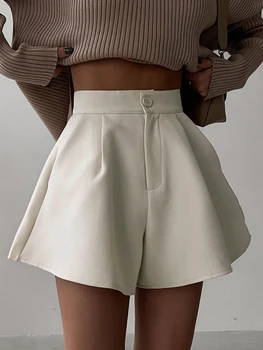 Дамски къси панталони с висока талия, летни ежедневните свободни широки панталони трапецовидна форма, обикновен модерен офис дамски панталони с джобове, градинска облекло Изображение
