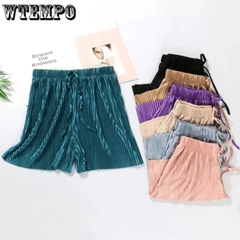 WTEMPO, реколта дамски шорти от ледената коприна, широки панталони с висока талия, сексуална ежедневни корея градинска облекло Y2k, дамски къси панталони Изображение